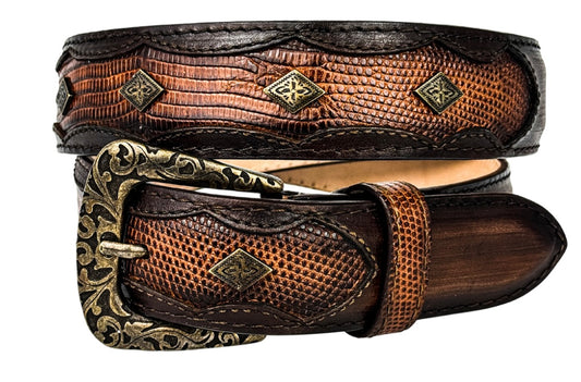 BROWN LIZARD/LEATHER WESTERN BELT