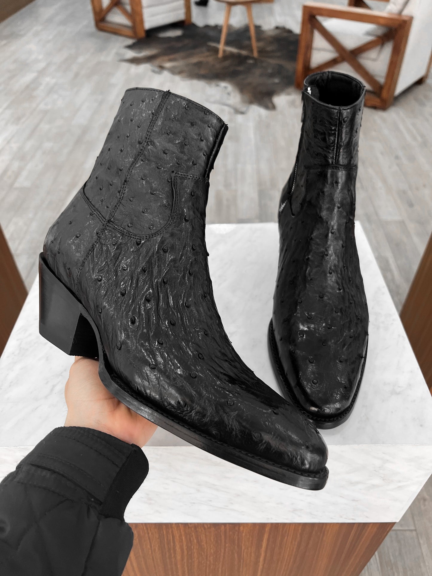 BLACK OSTRICH BOOTS